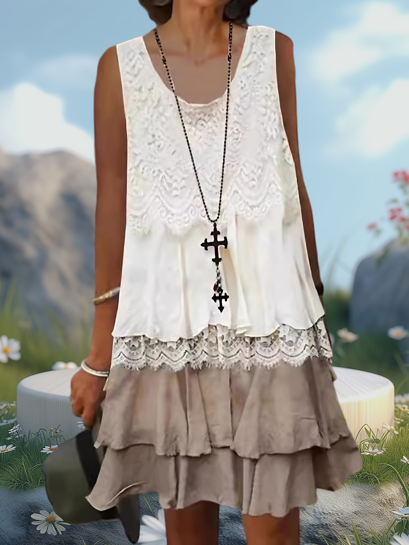 plus size plus size womens bohemian lace   sleeveless dress round neck midi skirt with layered lace overlay lightweight summer casual dress for beach   picnics warm weather fashion boho chic delicate detailing fashion enthusiasts vacation outfit breathable fabric fashionforward women