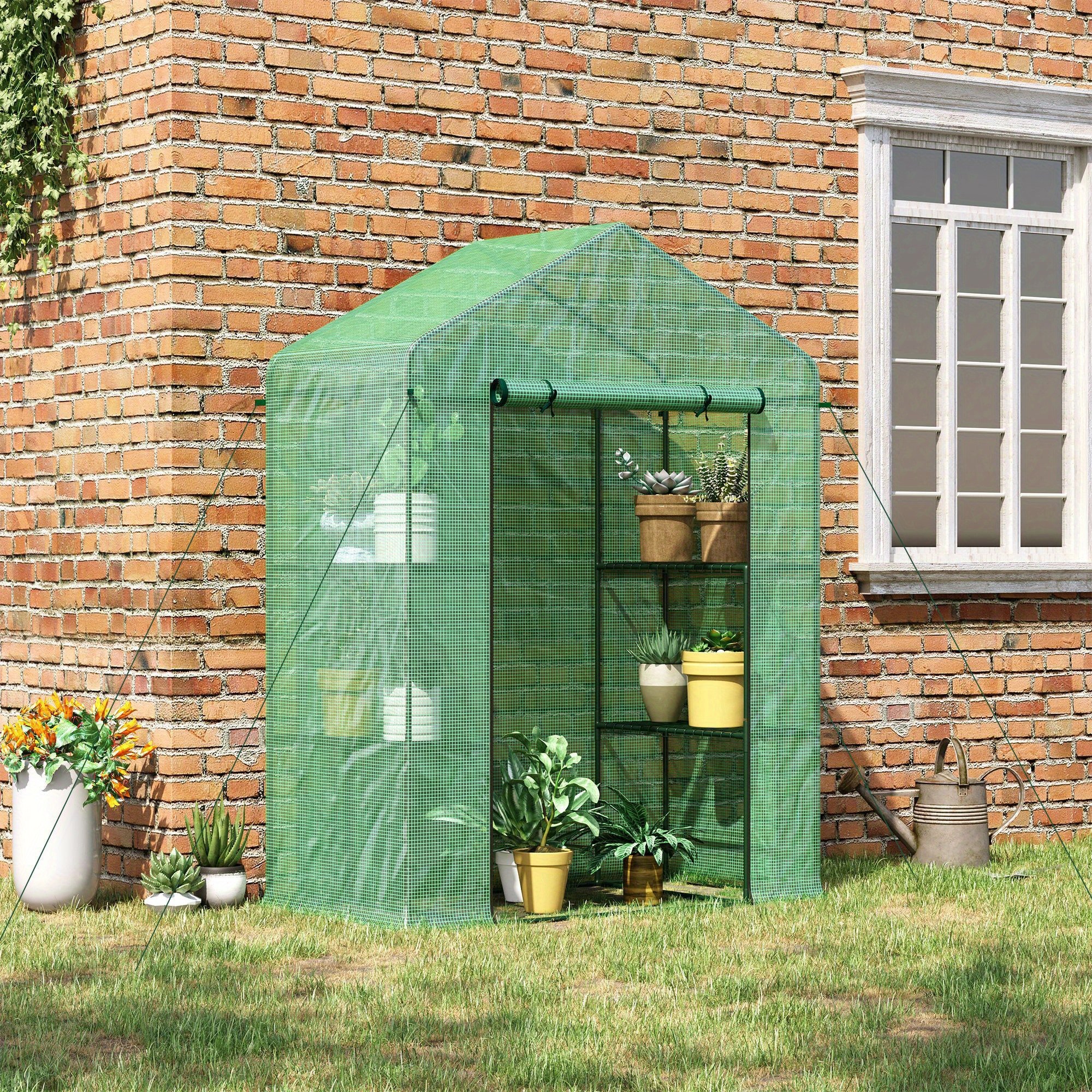 

1pc Outsunny 5'x2.5'x6.5' -in Greenhouse, Metal Frame With 3 Tier Shelves, Roll-up Door, Weatherproof Pe Cover, Uv & Heat , Tear & For Backyard Garden