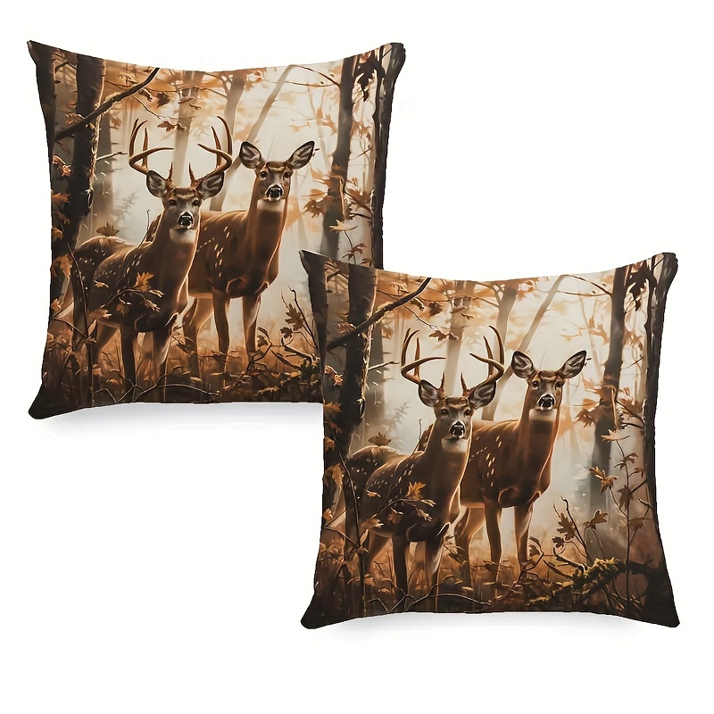 

2pcs Rustic Forest Deer Polyester Throw Pillow Covers, 18x18 Inches, Zip Closure - Perfect For Sofa, Bedroom, Living Room Decor