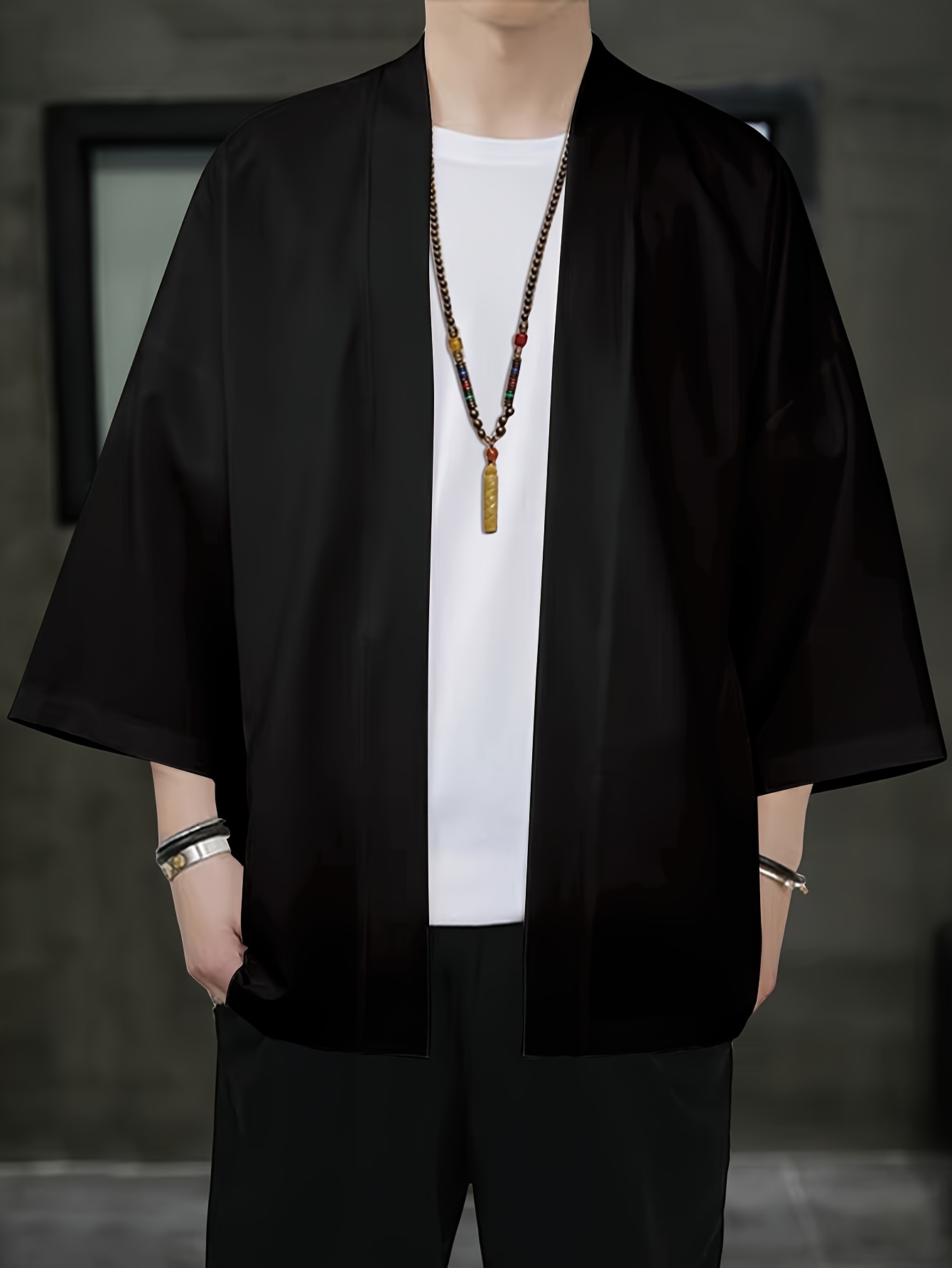 MBDMBD *'S Casual Solid Color 6-Quarter Sleeve Kimono Shirt Lightweight,  Non-Stretch Fabric, Stand Collar, Loose Fit for Summer, Everyday Short Sl