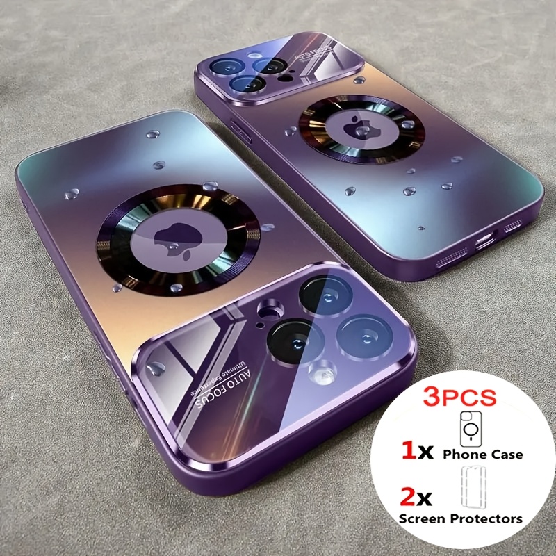 TEMU Phone Case - 3pcs Set [1 Phone Case + 2 Screen Protectors] Luxury Glass Window Magnetic Wireless Charging Phone Case Compatible With For Iphone