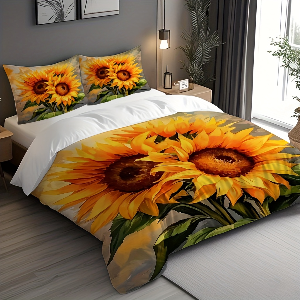 E-shop 3-teiliges Bettwäsche-Set mit Sonnenblumen-Aufdruck, 1 Bettbezug + 2 Kissenbezüge (Kissenfüllung nicht enthalten), bequem, geeignet für den