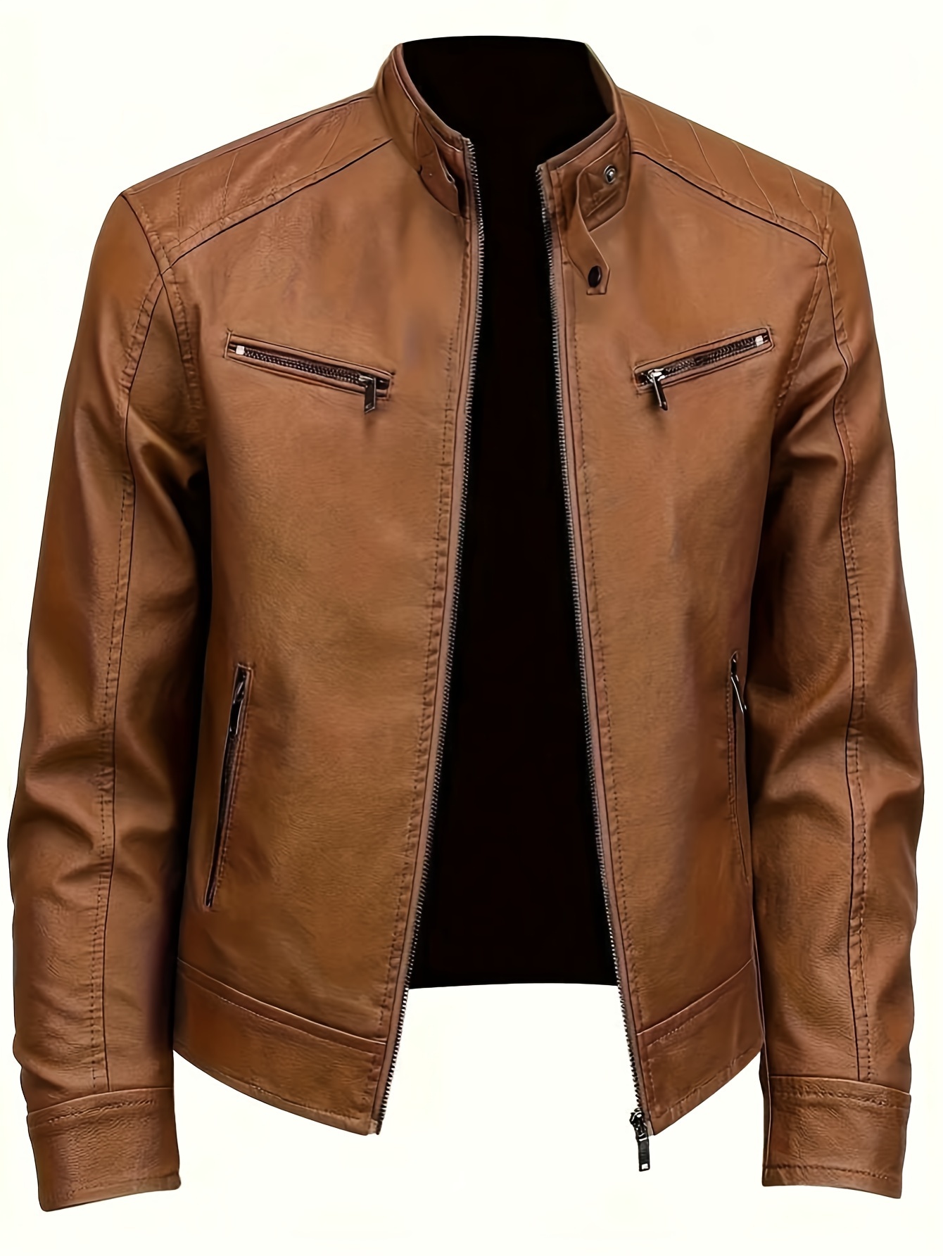 chaqueta de cuero sintético para hombre Cuello en pie larga, estilo  deportivo con cremallera, color tela no elástica, forro de