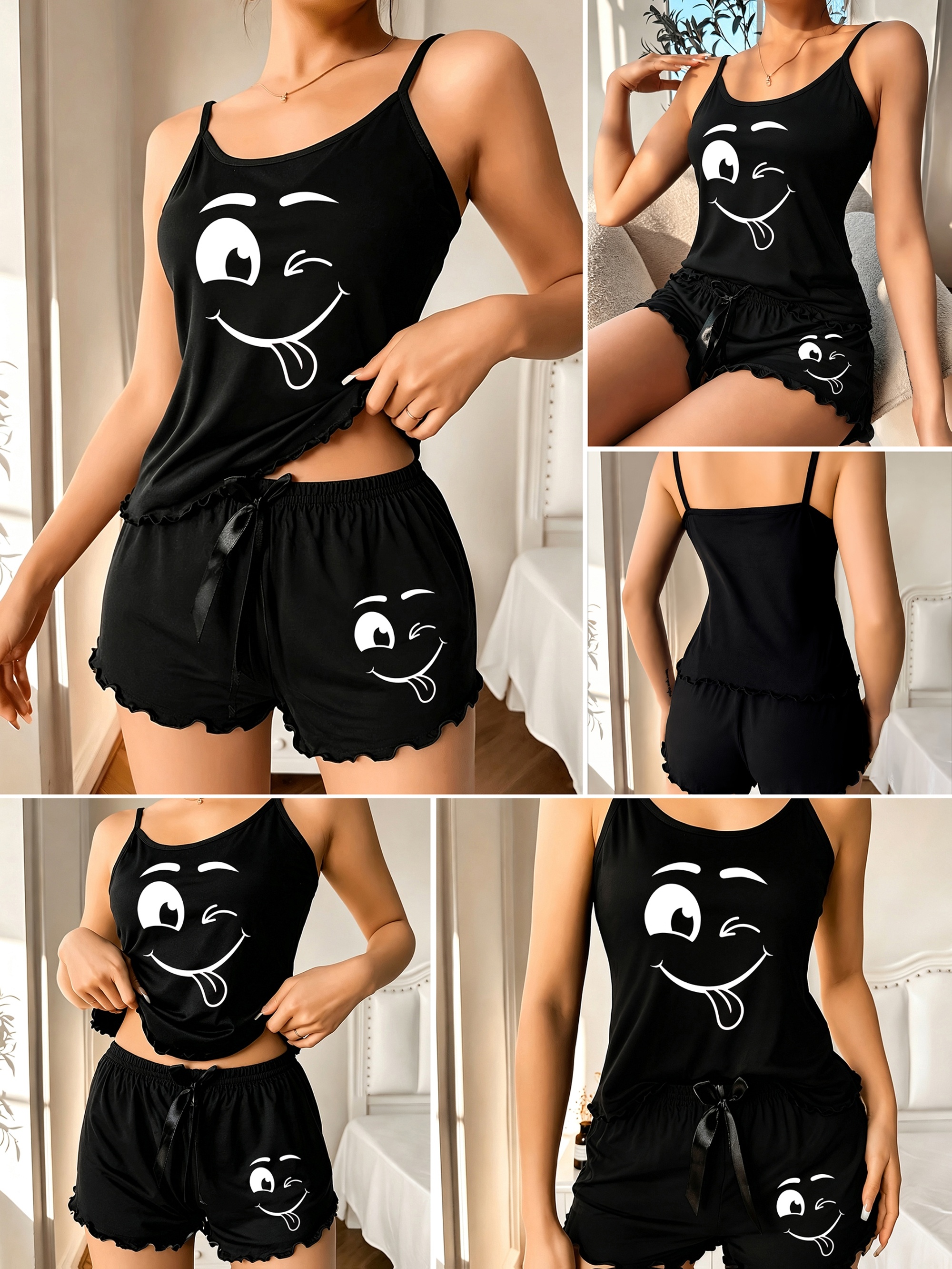 Women'S 2pcs Pajama Set, Smiling Face Theme Camisole Dress Set, Loose Comfortable Shoulder Strap Top, Elastic Fitted Ruffled Shorts, Essential for Spring And Summer Home Wear, Comfortable for All Seasons, Suitable for Home And Gifting