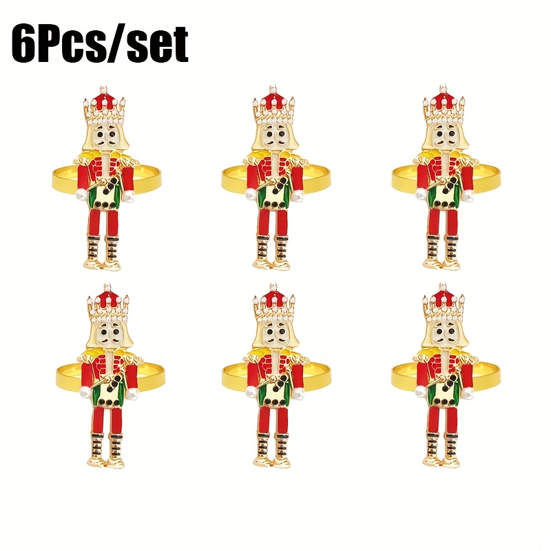 TEMU 6pcs Exquisite Christmas Nutcracker Napkin Rings, Family Holiday Party Table Atmosphere Decorations, Seasonal Dining Decor, Christmas Dinner