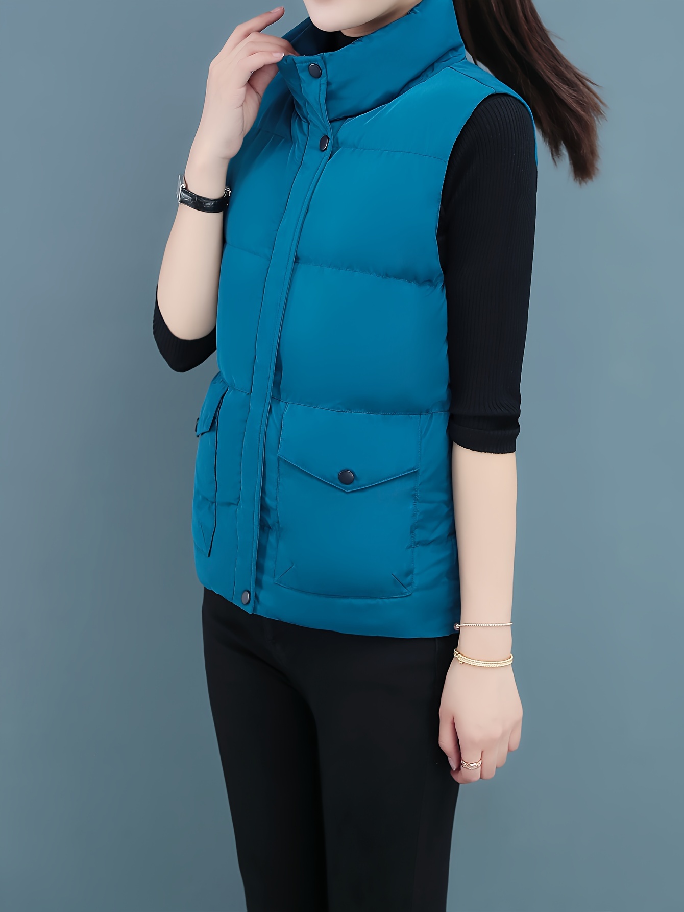 womens warm fleece lined sleeveless vest turquoise zip Temu