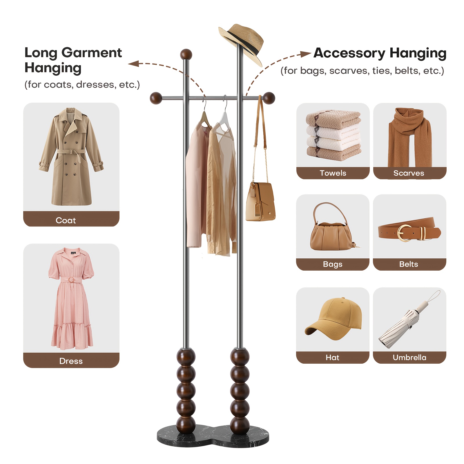 Metal Freestanding Coat Rack with Stainless Steel Double Rods & Marble Base, Hanging Clothes Rack for Entryway, Hallway, Bedroom, Living Room, Hallway Organizer, Entryway Storage, Contemporary Furniture, Modern Coat Hanger, Durable Construction, Highquality Materials, Freestanding Hanger, Versatile Organizer, Apartment Living, Interior Decorators