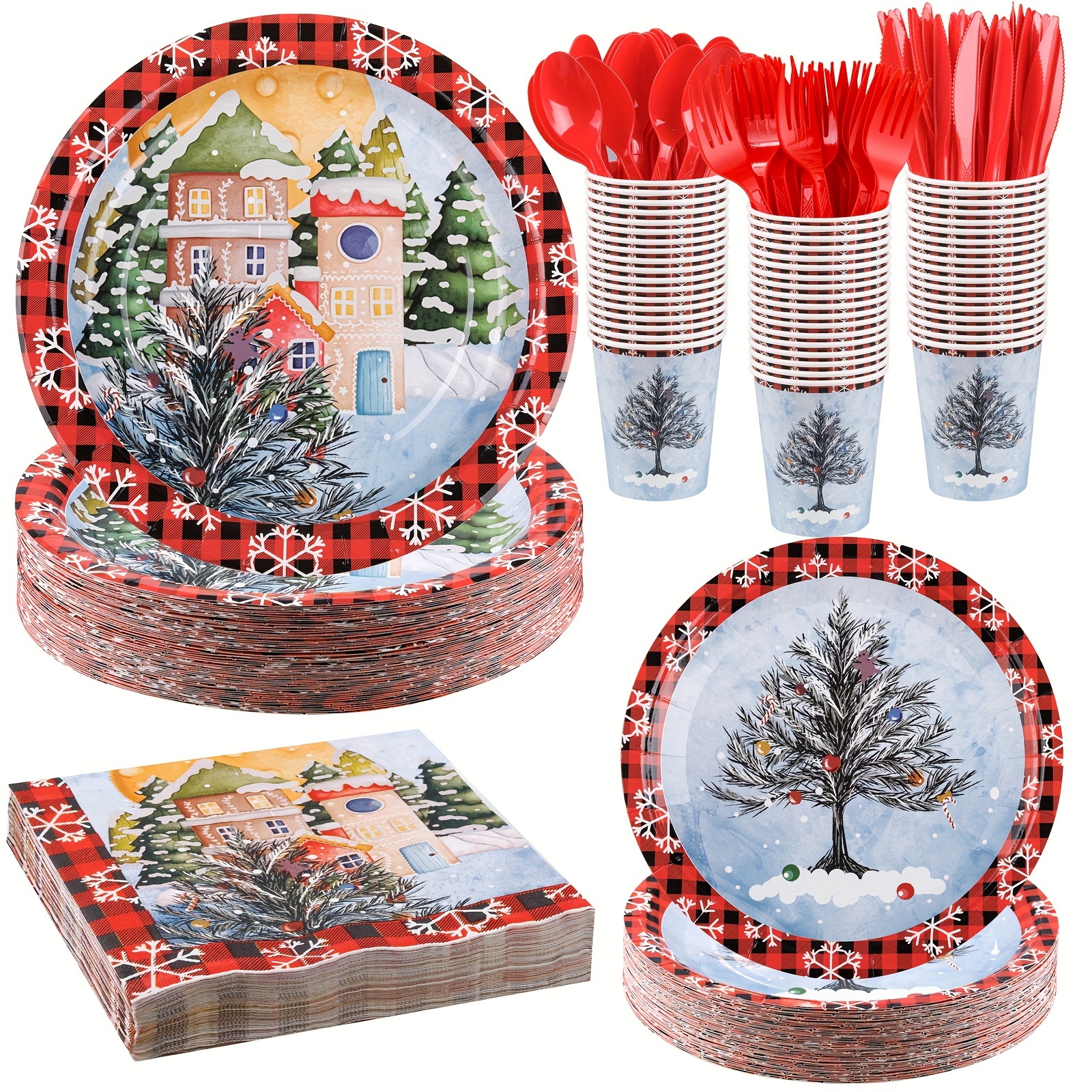 

350pcs Christmas Plates, Christmas Plates Disposable, Christmas Tree Plates And , Christmas Decorations 50 Plates, 50 Plates, 150 Silverware, 50