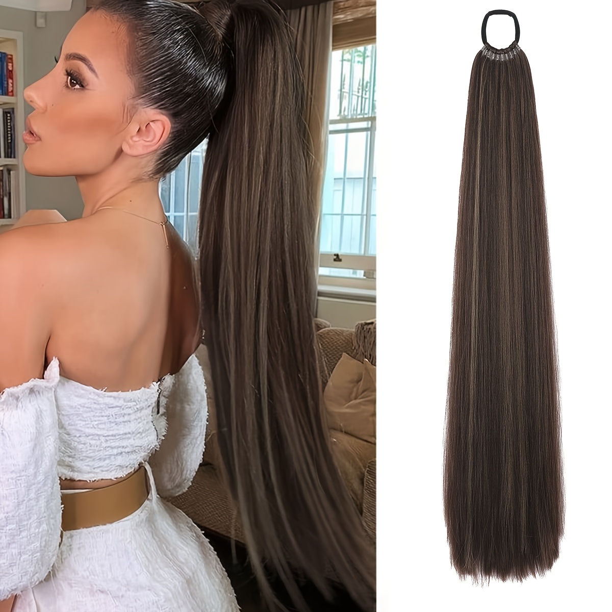 26 inch long straight ponytail extension with braided boxing ties and rubber bands for diy