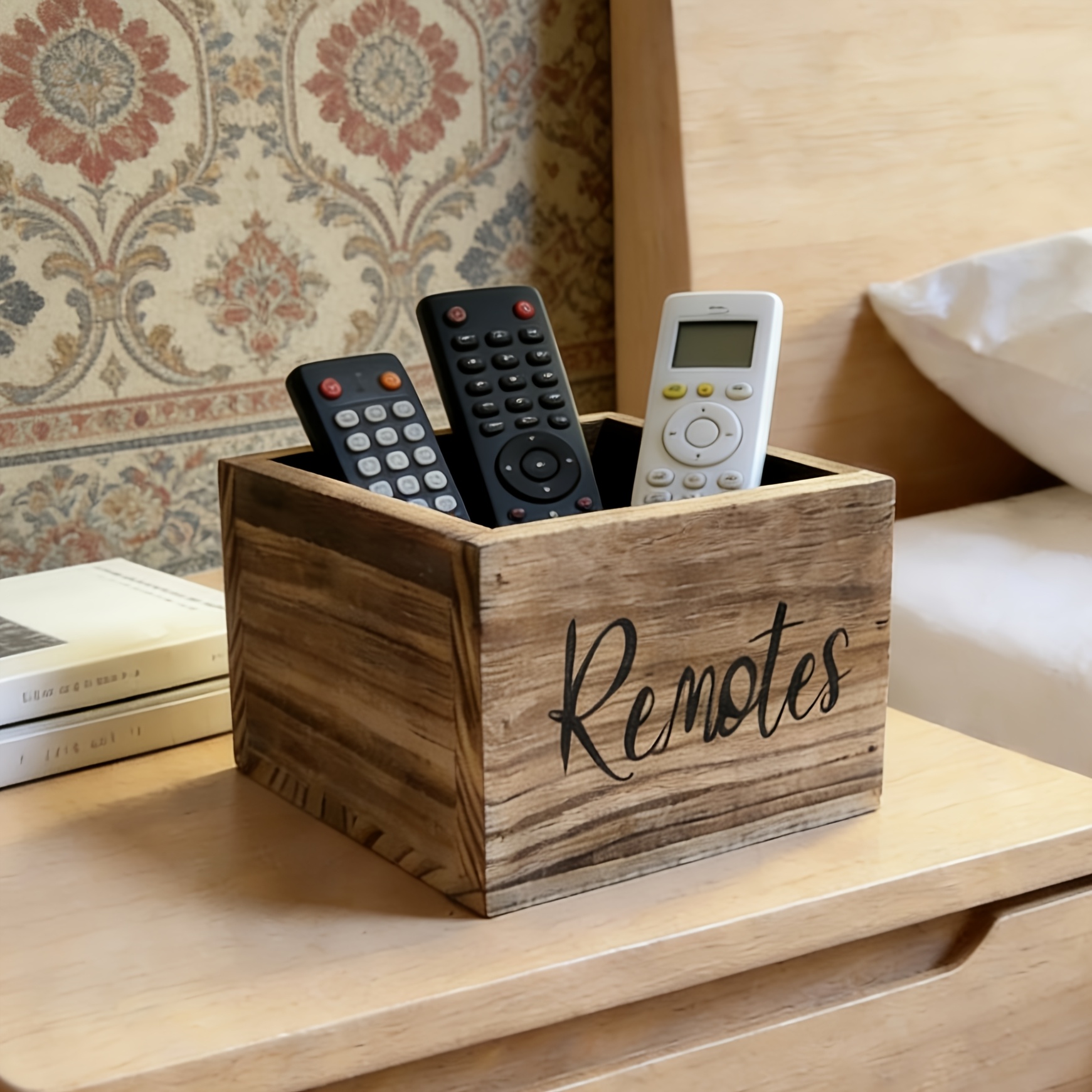 TEMU Retro Wooden Remote Control Organizer Box Bedside Table Remote Storage Bucket Home Desktop Storage Container, Shelf Baskets