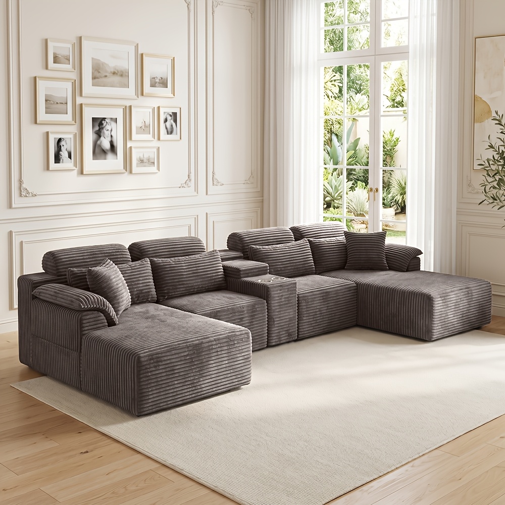 Image of U-shaped Corduroy Beanbag Sofa, Durable Fabric, Can Lie Down Or Sit Memory Foam Filled Sofa Bed, Side Holder Integrated Practical Design, A Comfortable And Space