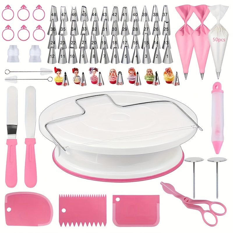 128pcs Cake Decorating Tools, Including 11-inch Cake Turntable, 50pcs 12-inch Thickened Piping Bags, 55pcs Nozzles, Slicers And Other Decorating Tools, Suitable For Home Baking, Butter Cream Frosting