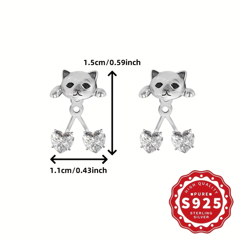 Women's S925 Silver Cat Double Heart Back-Hanging Earrings
