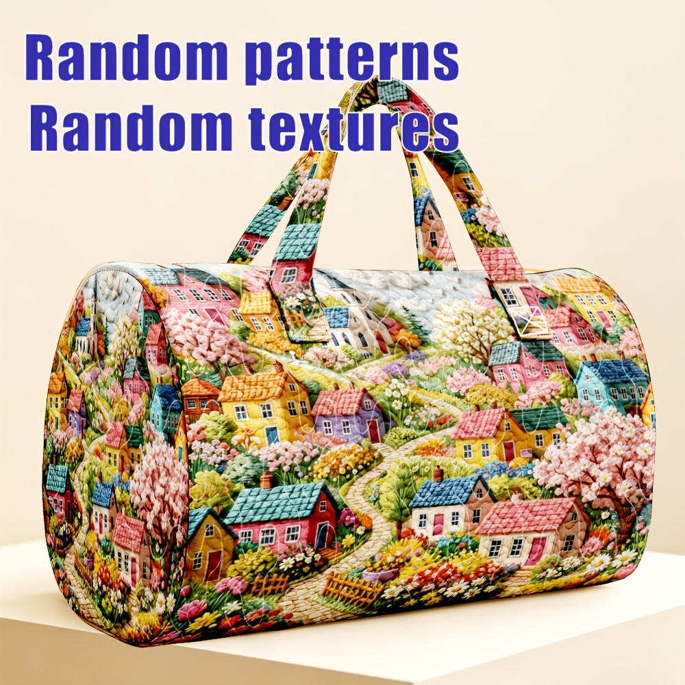 TEMU 1pc Multicolor Village Cottage Floral Quilted Cylinder Travel Tote Bag, Fairytale Pastoral Style, For Women, Halloween Thanksgiving Christmas