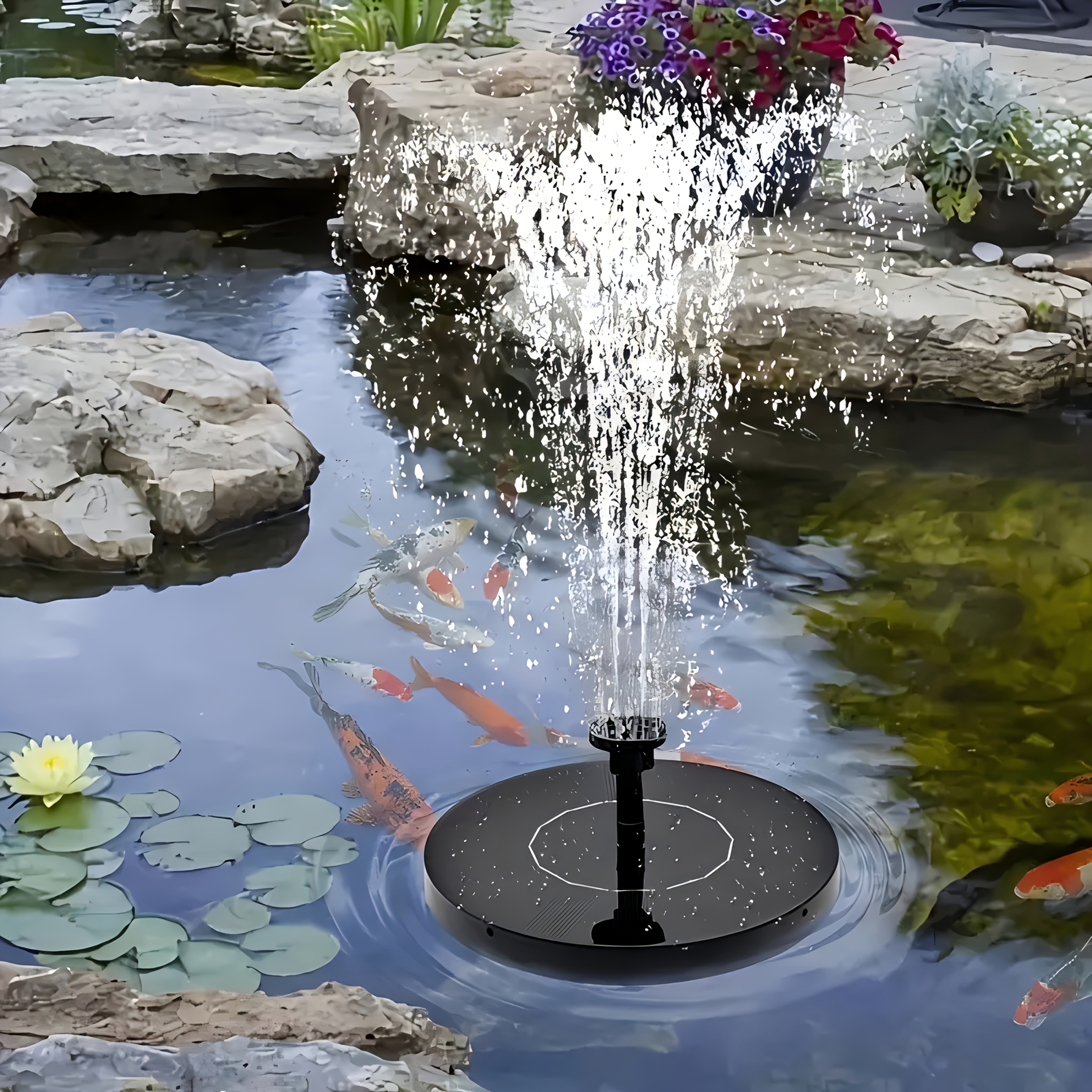   powered water fountain designed for gardens   pools and outdoor spaces featuring a bird bath pump with six nozzles and a portable free standing   operates with a power range of 1w to 3 5w and has an ipx8  