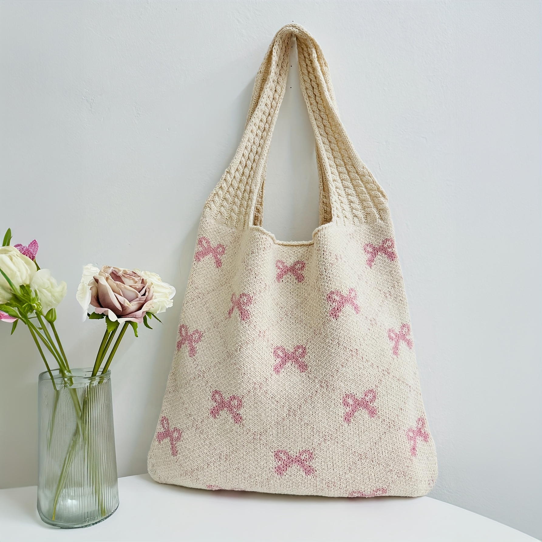

Sweet Bowknot Pattern Tote Bag, Cute Crochet Shoulder Bag, Women's Y2k Knitted Handbag For Commute Work