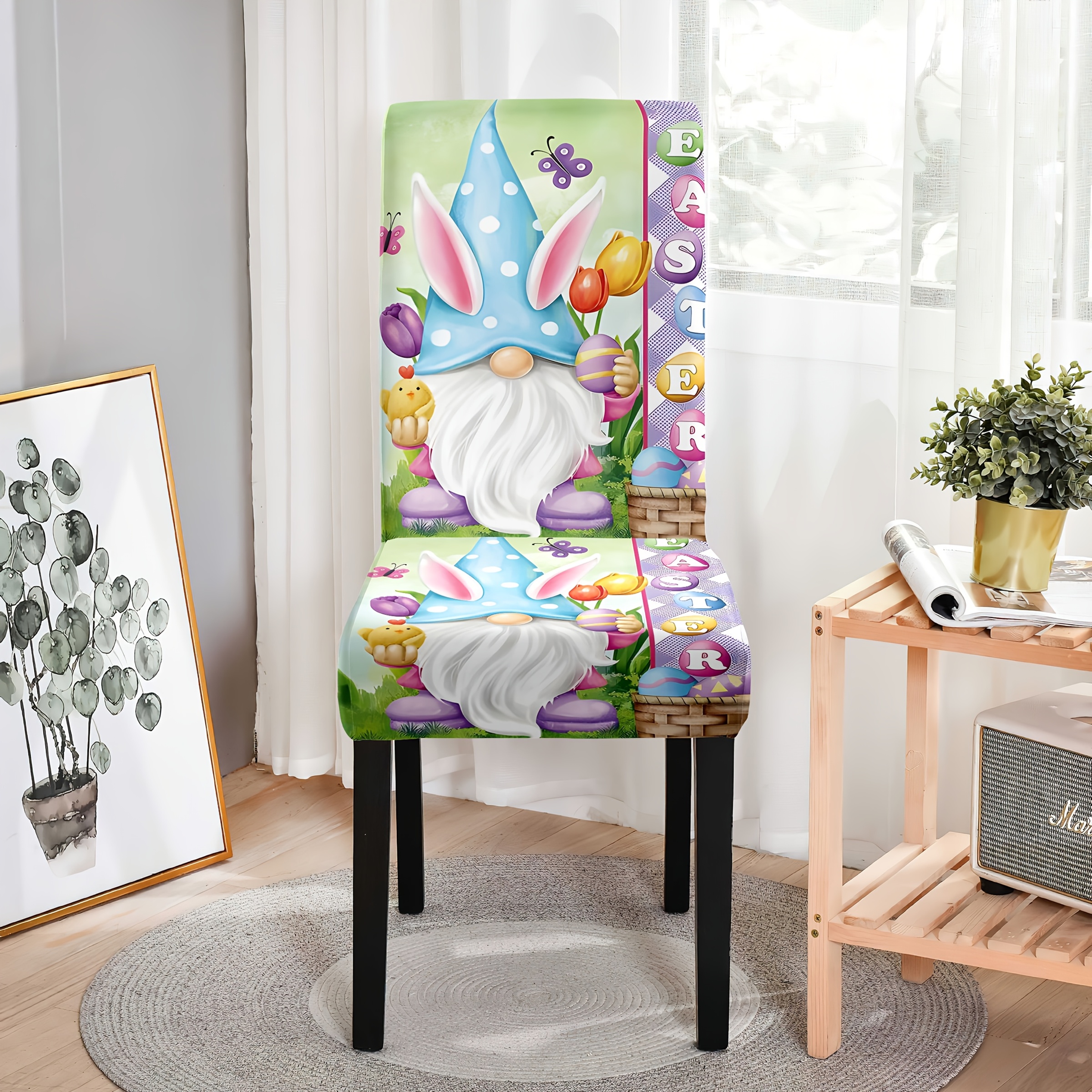 

4/6pcs Classic Easter Egg Print Chair Slipcovers, Polyester Spandex , Band Closure, Machine Washable, , Milk Velvet Fabric, Slipcover-grip Design, 120-140gsm - Indoor Home & Restaurant Decor