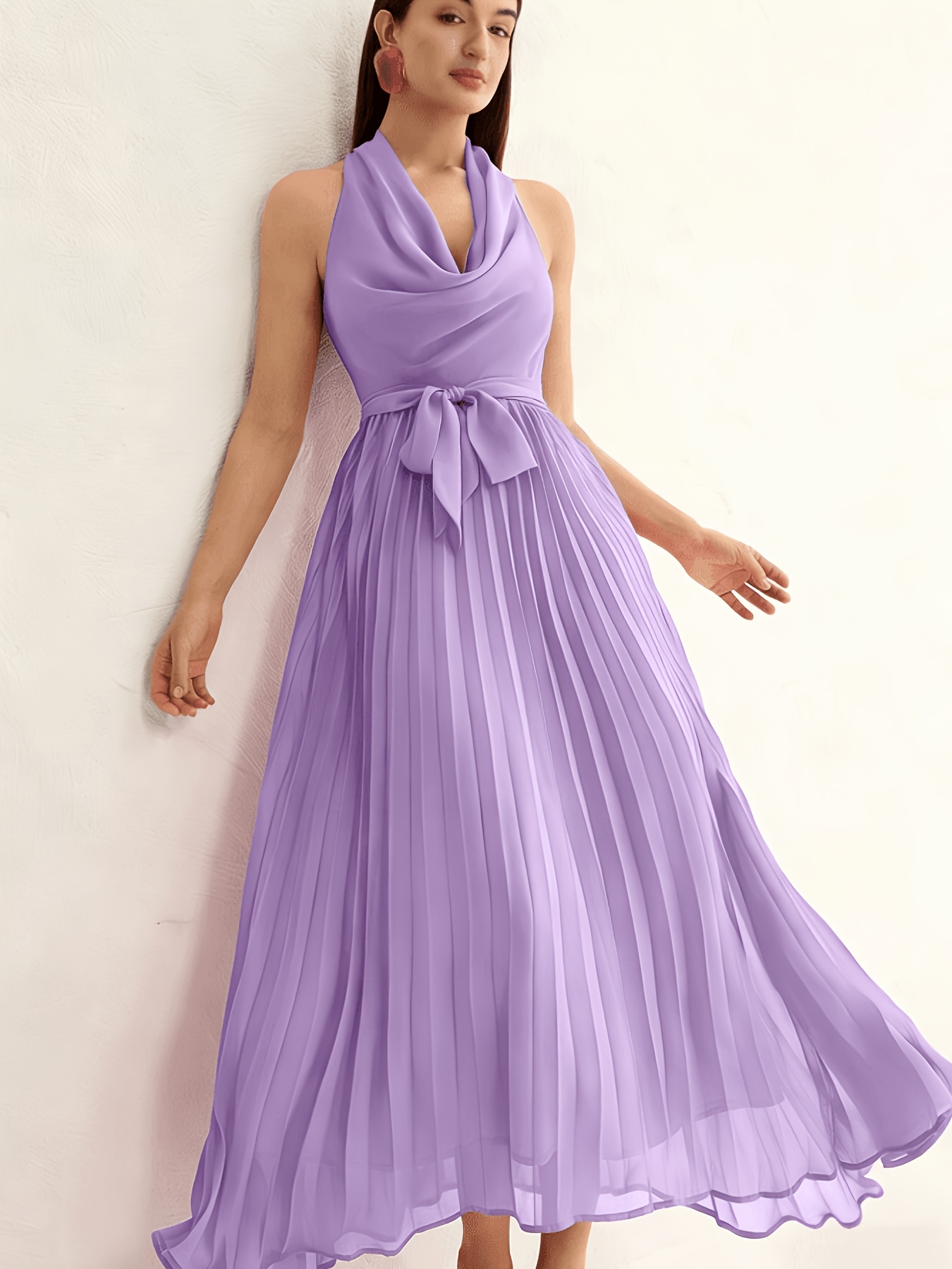 flowy dress with train Vintage Purple Chiffon Elegant Bow Long Sleeve Pleated Maxi Dress – Knot  Bene main image 0