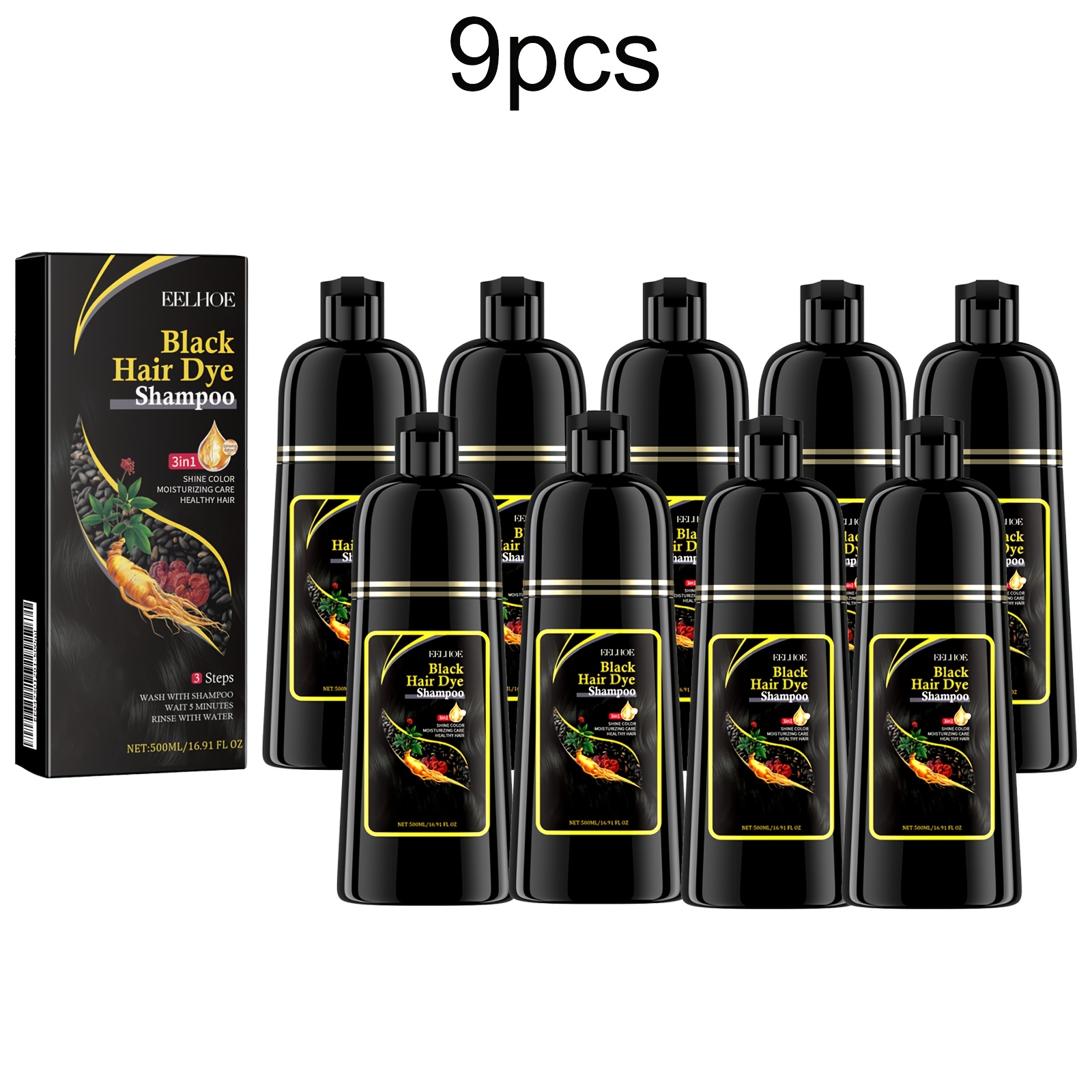TEMU 9pcs Of 500ml 3-in-1 Black Hair Shampoo, Formula, Grey , With Moisturizing, Cleaning And Long-lasting Coloring Effects, Hair Smooth And Shiny, Unisex Hair Dye Shampoo, Christmas Hair Care Gift