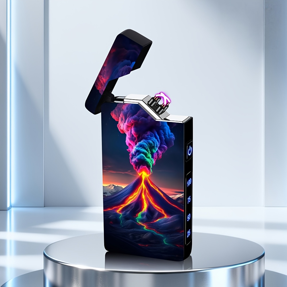 1ps Creative Rechargeable Windproof Dual Arc Electronic Lighter With Colorful Smoke Volcano Print Design