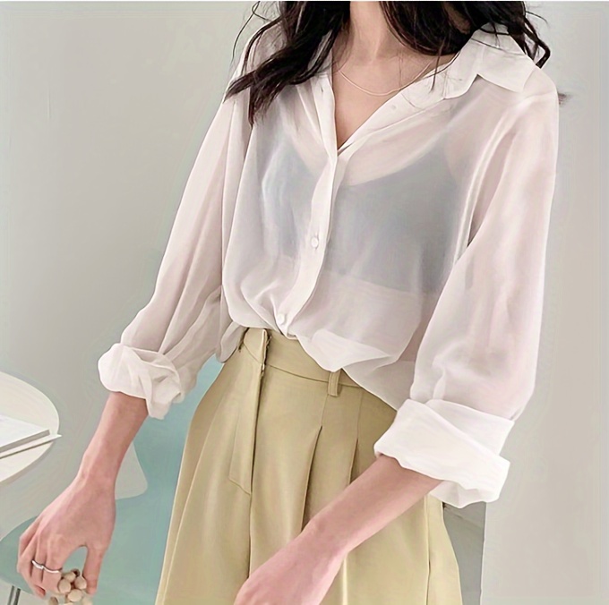 Chiffon Button Front Semi-sheer Blouse, Sexy Short Sleeve Top For Spring & Summer, Women's Clothing