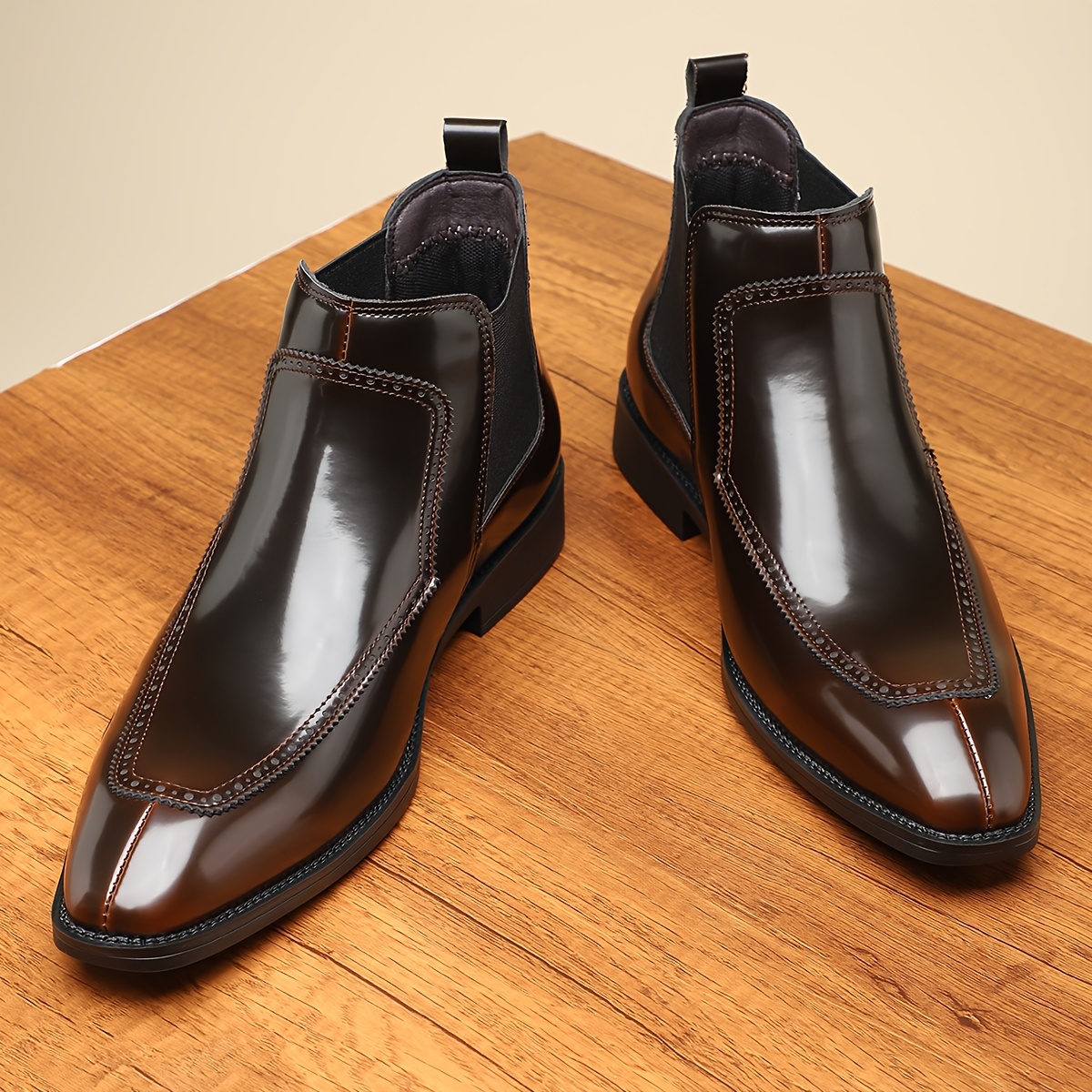 Men's Slip-On Boots - Durable Rubber Sole, Black Ankle Boots with Pointed Toe & Elastic Band, All-Season Casual Street Style Shoes