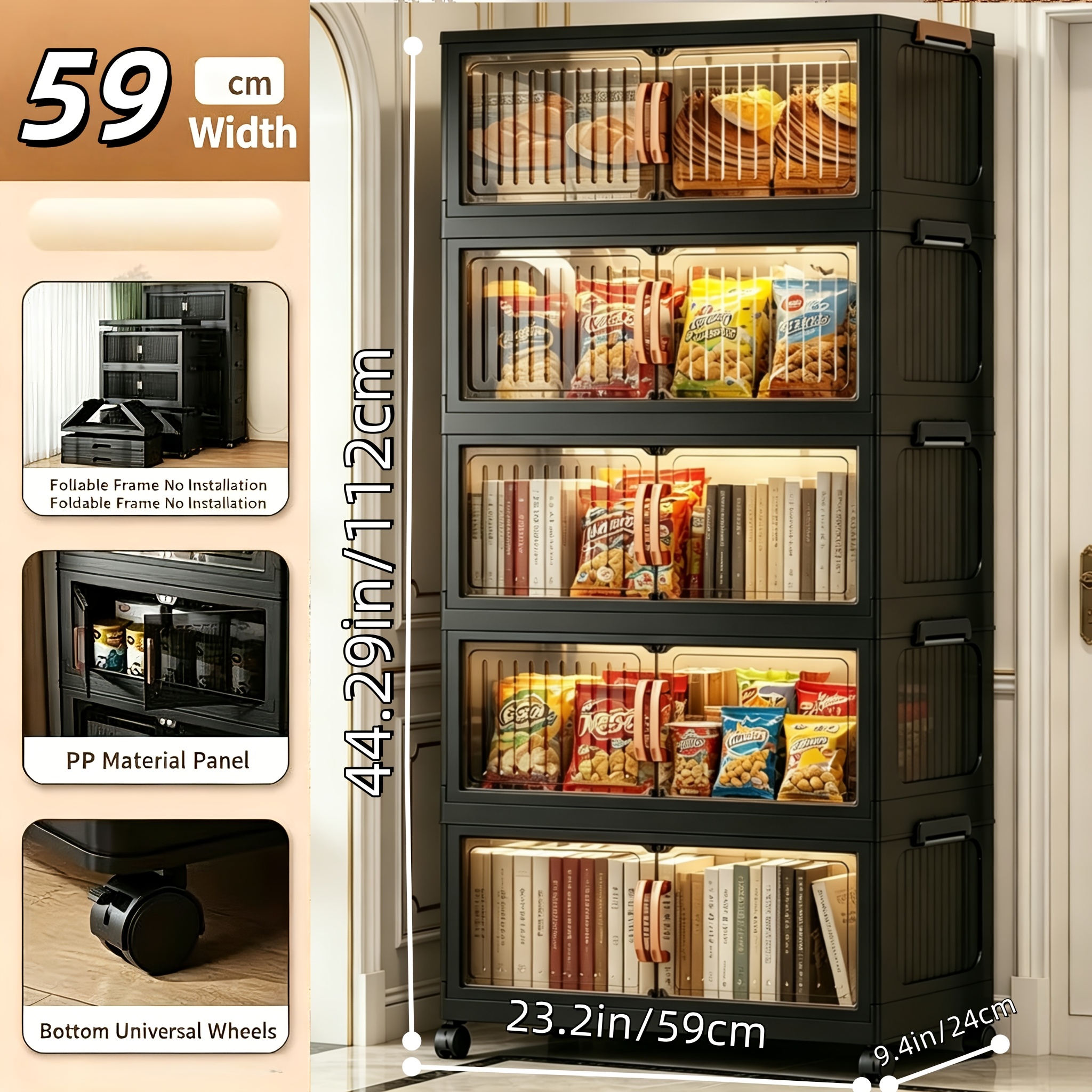 No Assembly 2/3/4/5 Tier Foldable Stackable Storage Cabinet, 44.29 Inch Large Capacity Modular Organizer Box with Lid, Rolling Wheels & Magnetic Double Door, Space Saving Portable Multi-Layer Storage Unit, Easy Setup Household Storage Container