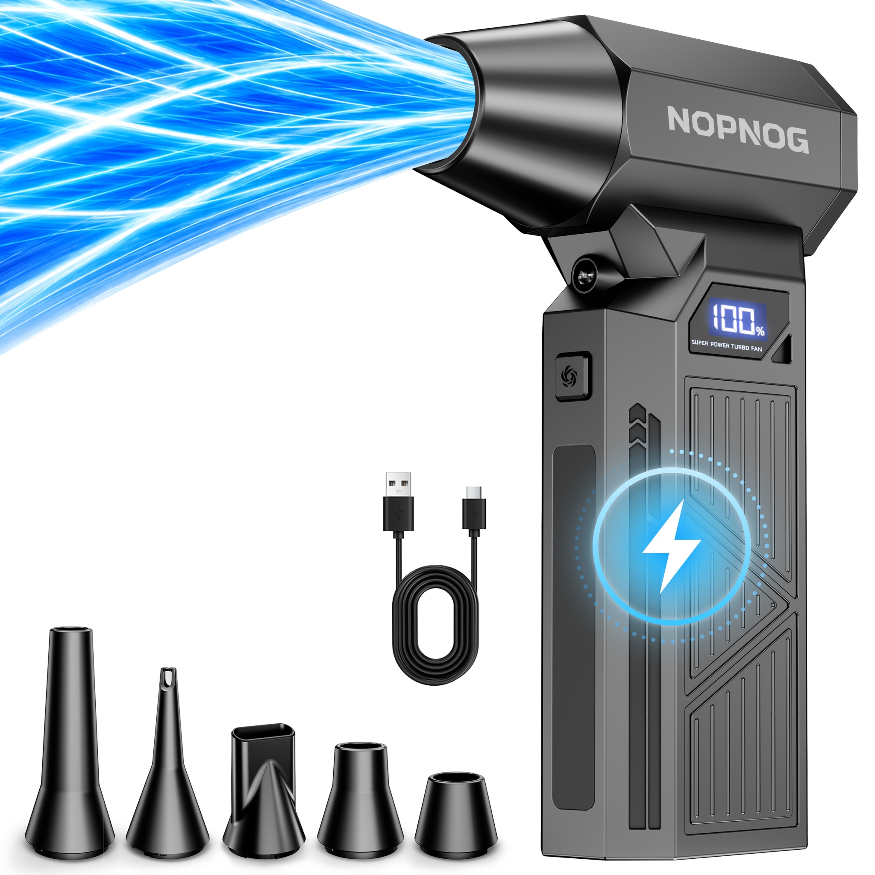 TEMU Ventilateur Turbo Puissant 110000 tr/min avec Écran Intelligent, 4 Niveaux de Vitesse, Inclut 5 Buses et Batterie Haute Capacité, Outil de