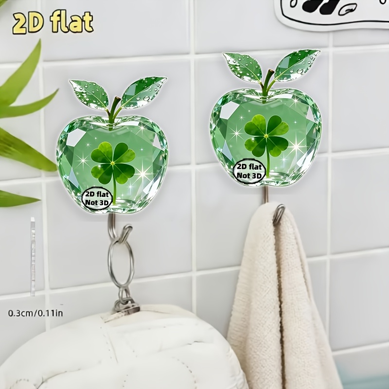 TEMU 2er-Set 2D flache Acryl-Zusatzhaken, verziert mit frischem vierblättrigem Kleeblatt-Kristall-Grüner--Muster, selbstklebende Haken, geeignet für