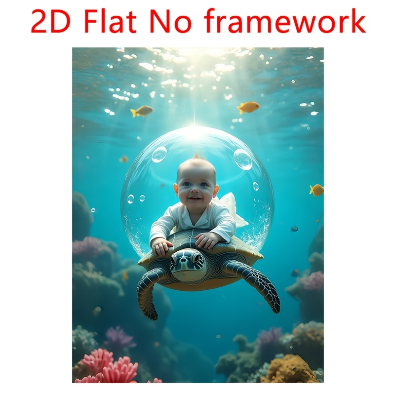 TEMU 2d Flat, Personalized Baby & Sea Turtle Underwater Portrait - Custom Face Swap Poster, Vertical Suitable For Nurseries, Baby Showers, Ocean