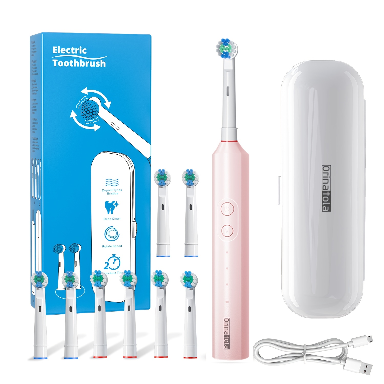 Orinatola Elektrische Tandenborstel Set - 8 Oscillerende Opzetstukken & Inclusief Reisetui | Type-C Snel Opladen, 3 Modi, IPX7, Slimme Timer, Beste Kerstcadeau voor Mannen & Vrouwen