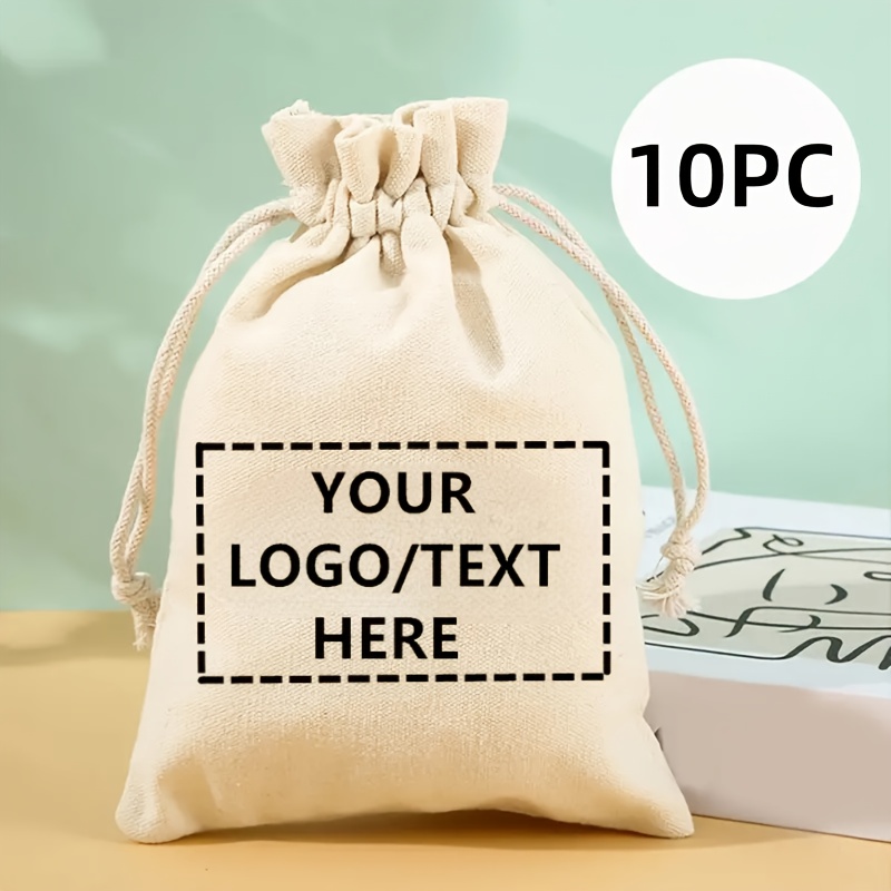 TEMU 10pcs Custom Beige Canvas Drawstring Bags With Rustic - Reusable Gift And Party Pouches, Premium Fabric For Weddings, Graduations & Parties