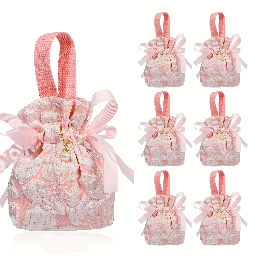 TEMU Gift For Her/him Set Of 6 Fabric Mini Drawstring Gift Bags, With Pearl Decorations, Featuring Soft Pink Floral Bows With Handles, Suitable For