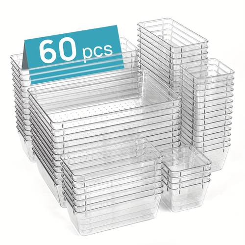 60pcs table and drawer storage office storage and organization drawer 4 size desk organiser drawers clear plastic storage bins for office desk drawer organizer for home storage