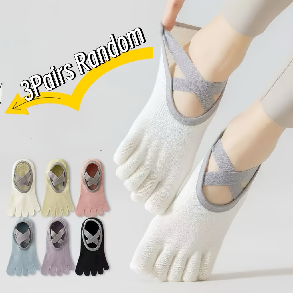 TEMU 3 Pairs Random Color Toe-post Yoga Anti-slip Socks Unisex Sports Socks, Designed For Pilates Fitness With Cross-binding Fit, Toe-separating And