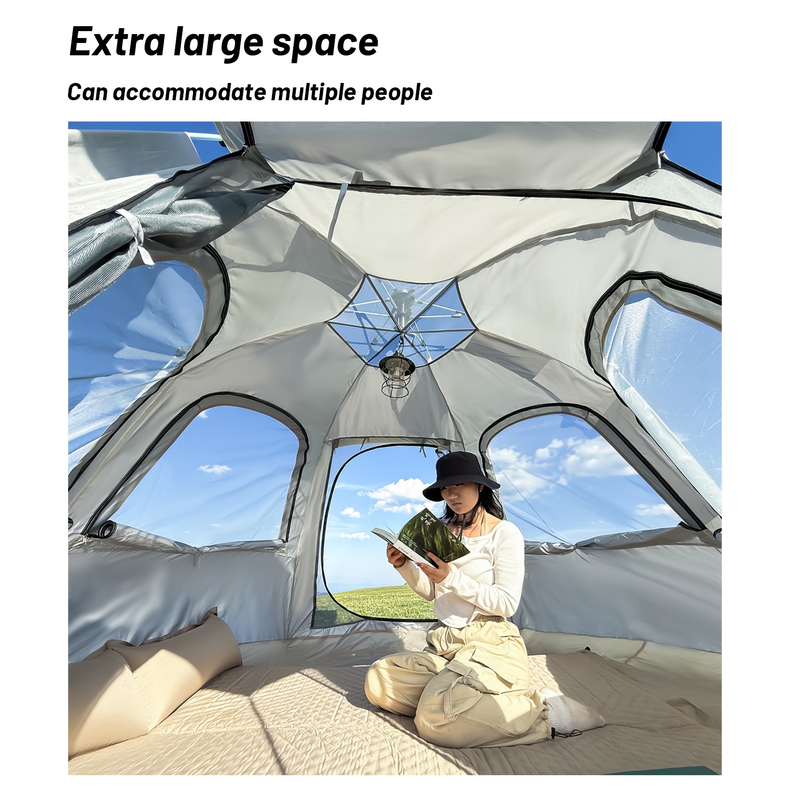 صورة العنصر خيمة تخييم pakicetus   up | سريعة التركيب، مقاومة للرياح، خفيفة الوزن، محمولة، أبواب مزدوجة و أربعة نوافذ، ألياف بوليستر رمادية، إغلاق بسحاب، مناسبة لجميع  ، مثالية للمشي لمسافات طويلة والشاطئ والتخييم العائلي