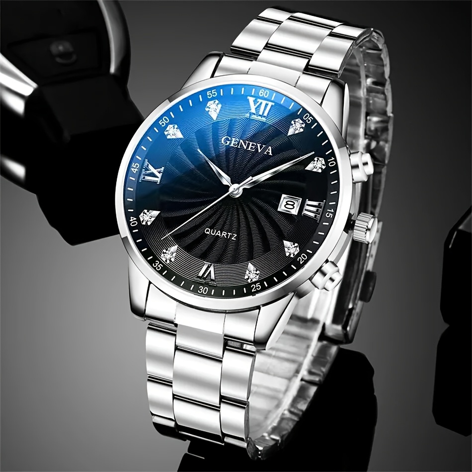 3pcs Men's Watch Set, Quartz Wristwatch with Round Case, Includes Bracelet and Necklace, Business Casual Accessories for All Occasions, Ideal Gift for Men