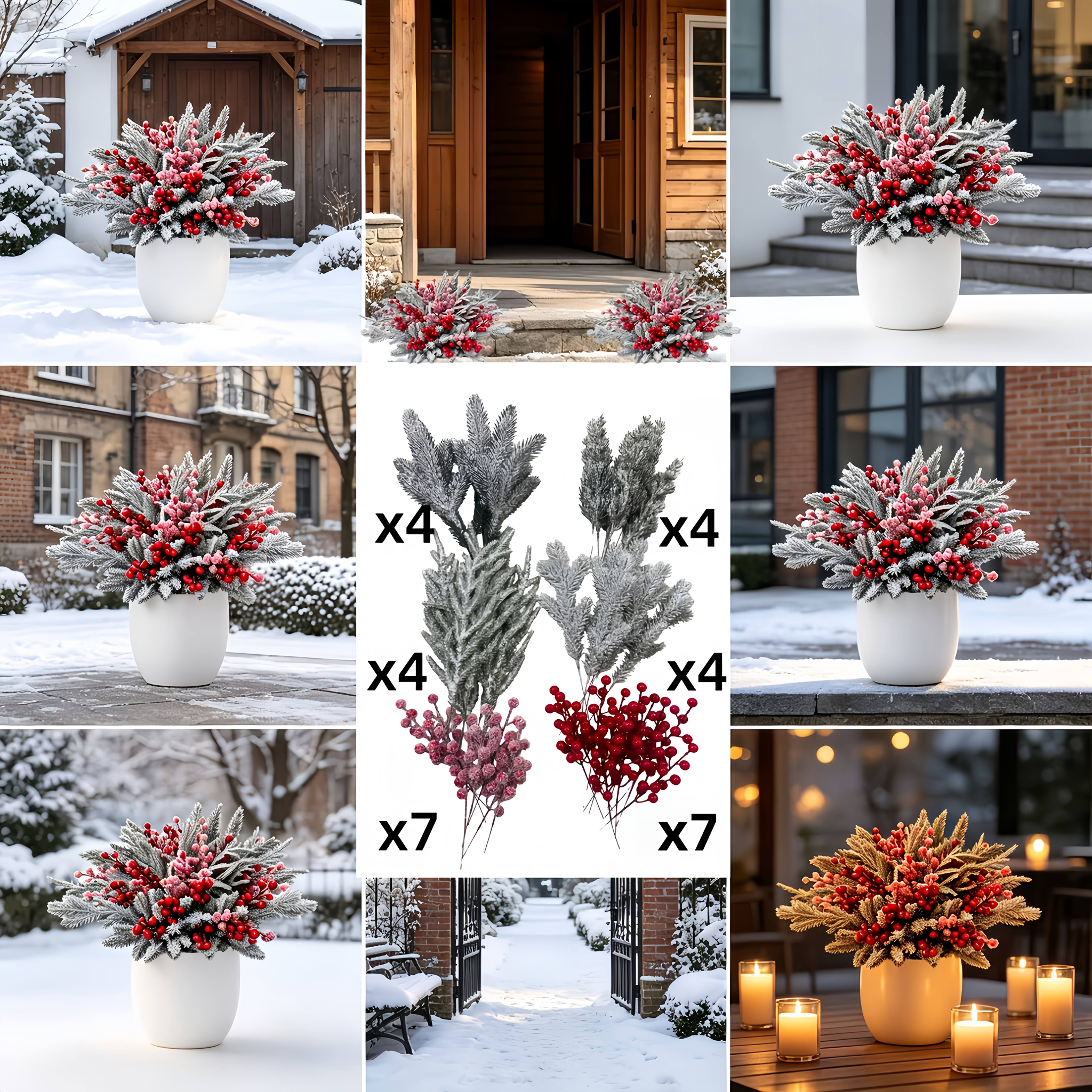 TEMU Lot de 30 bouquets de fleurs artificielles d'extérieur avec 6 types de tiges dépolies - Rouge chaud et vert, convient pour Noël, hiver, mariage,