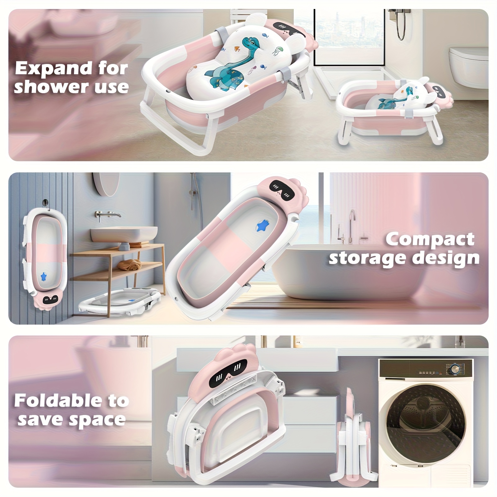 Kada za bebe s dinosaurima, sklopiva PP protuklizna kada za kupanje s jastučićem za podršku, sklopiva kada za novorođenčad i malu djecu od 0-24 mjeseca, poklon za Noć vještica, Božić, Novu godinu i Dan zahvalnosti, Zabavna Baby Shower,Igrački dizajn,Lagani materijal,Protuklizna površina,Novi