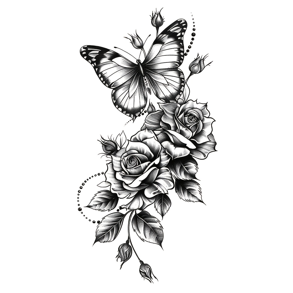 Dark-style Floral Totem Waterproof Temporary Tattoo Sticker Black Leaf Pearl Pattern Body Art Arm Fake Tattoos Sleeve For Women Men Aldult Hand Shoulder Waist Back Abdomen Leg Thigh Ankle