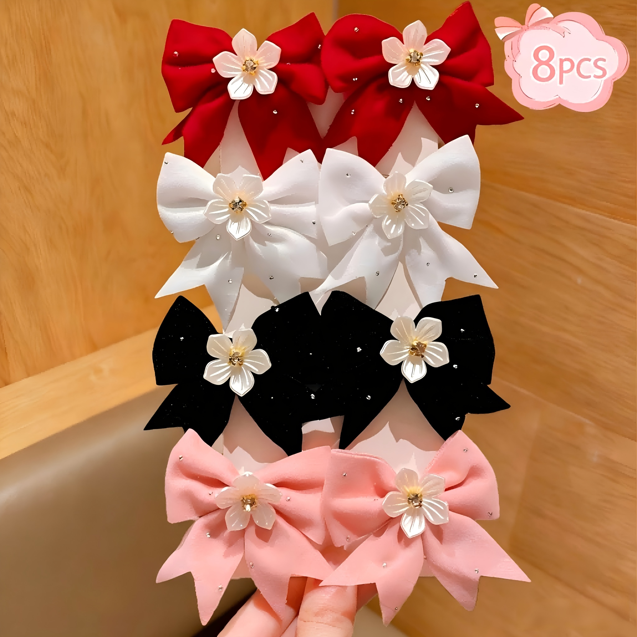 TEMU 8pcs Bow Hairpin, Flower Decorated Sweet Hairpin Hair Additions, Bangs Clip Side Clip Suitable For Daily Wear Party Styling Versatile Headdress