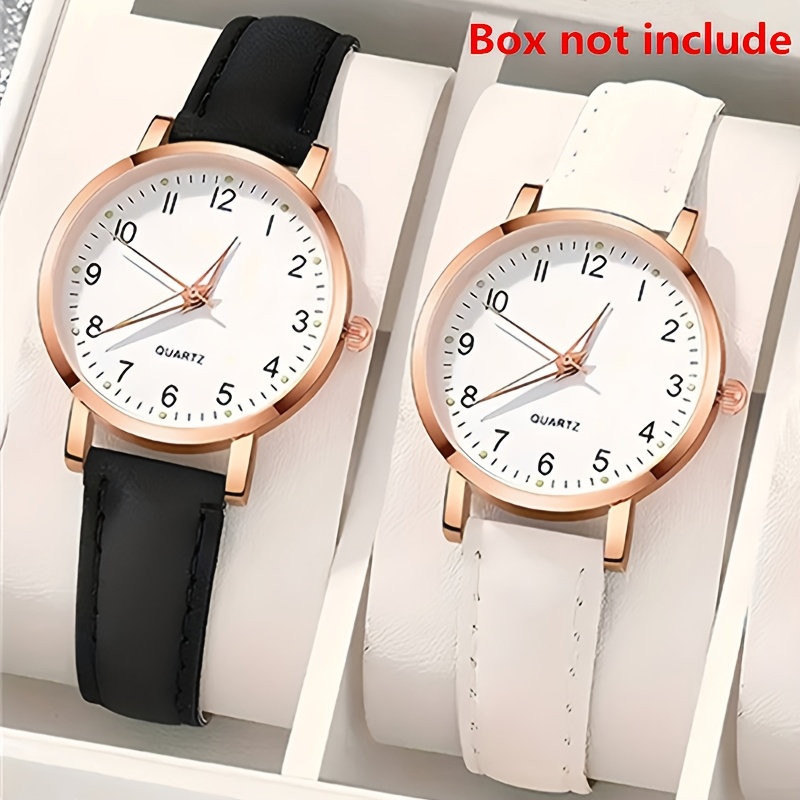 TEMU 2pcs/set Women's Watches, Elegant Faux Leather Strap Wristwatches Minimalist Style Set Of 2pcs Fashion Quartz Watches For Women Ladies Clocks