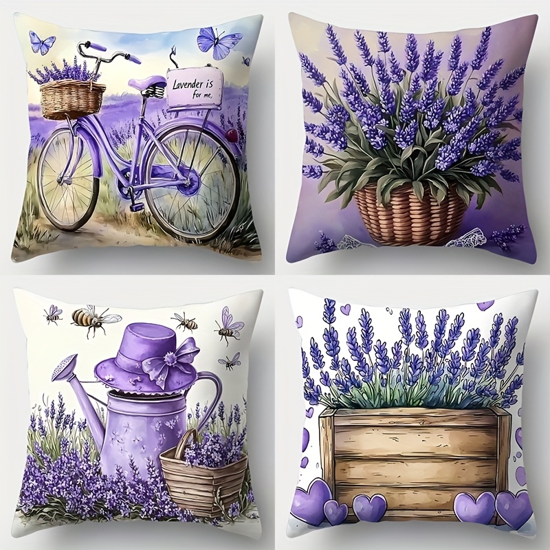 Image of 4pcs Set, Sofa Cushion Covers, Purple Floral Pillow Covers, 17.7 Inches By 17.7 Inches, Single-sided Print, Home Decor, Sofa Lumbar Support Covers, Cushion Covers Do Not Pillow Inserts.