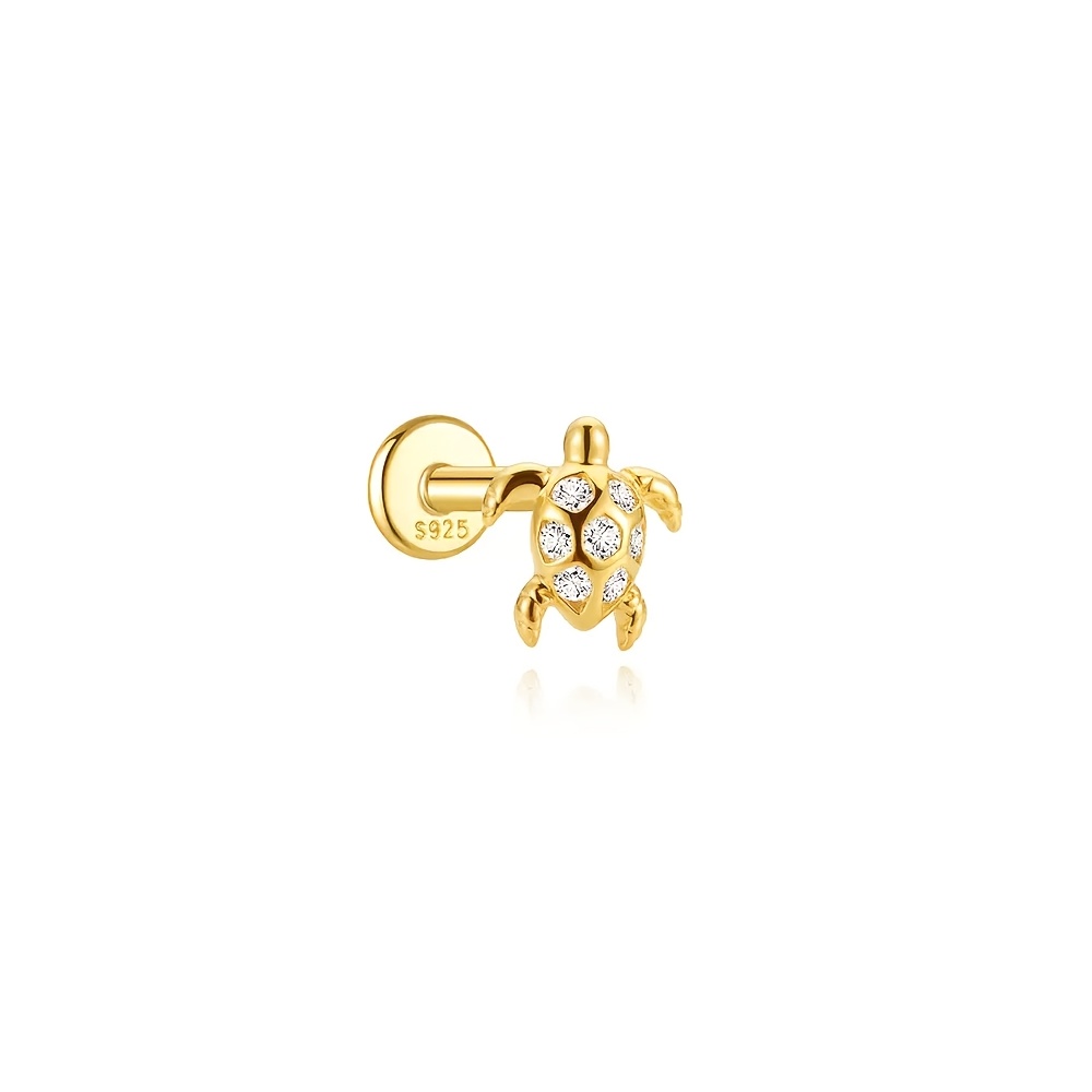 TEMU 1pc S925 Sterling Silver Turtle Flat Back Earrings, Gold Plated Cz Sea Animal Cartilage Piercing Stud, Threaded Helix Tragus Piercing Jewelry