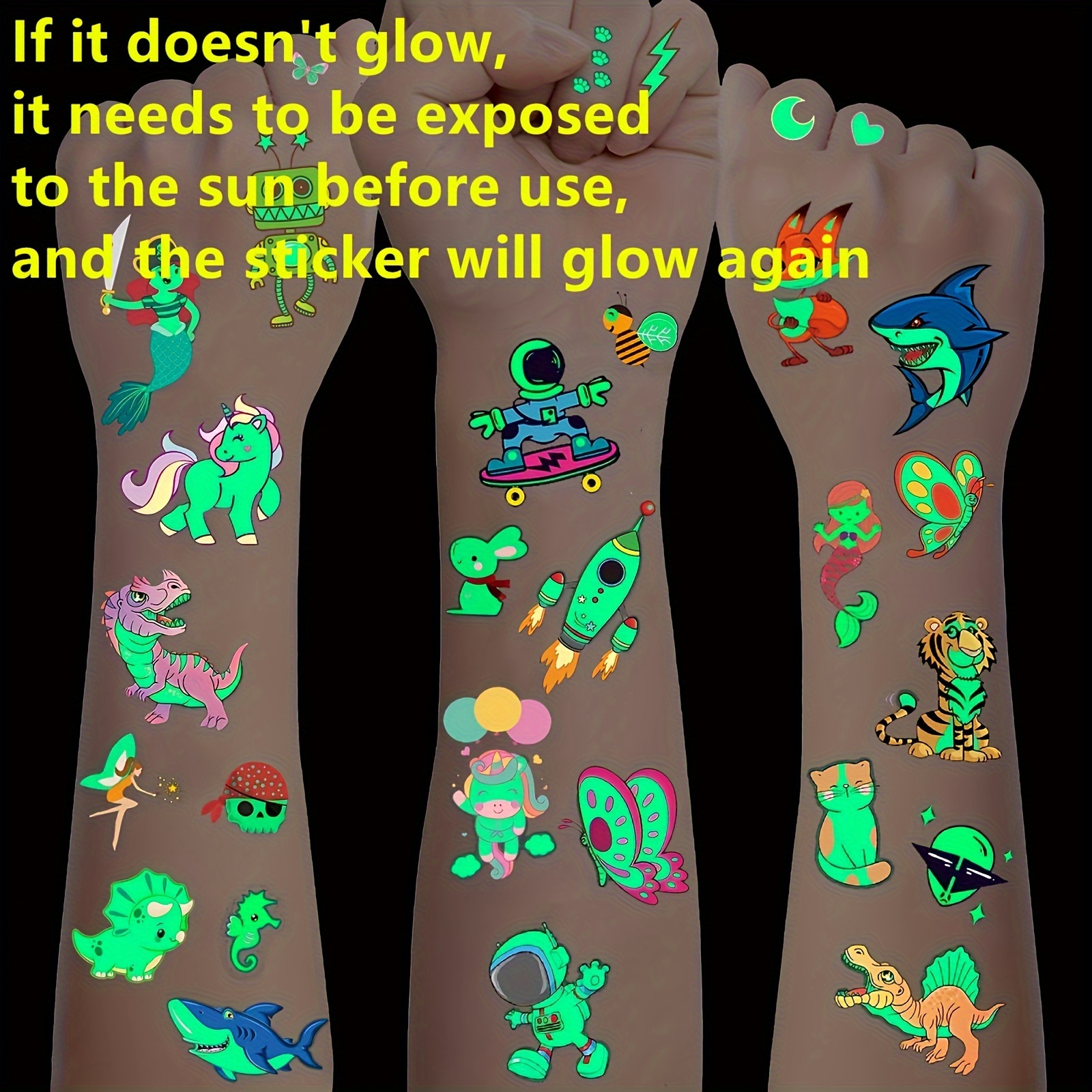 

1 Sheet Glow In The Dark Temporary Tattoos For Boys Girls - 3d Cartoon Stickers With Unicorns, Dinosaurs, Mermaids, Butterflies & Space Themes - Fun Fake Tattoo Party Favors & Birthday Gifts