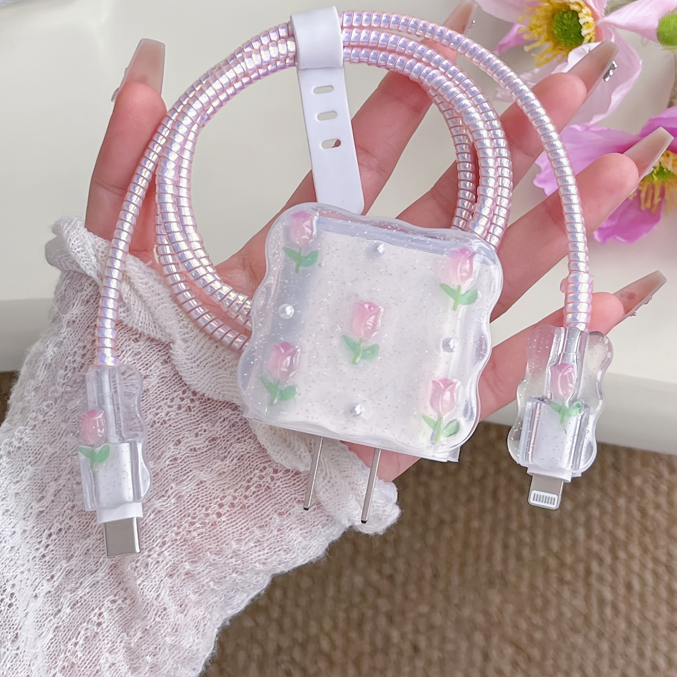 TEMU Este set protector minimalista rosa 3D de para cargador de teléfono de 5 piezas incluye un protector de cable de carga y un protector de cabezal