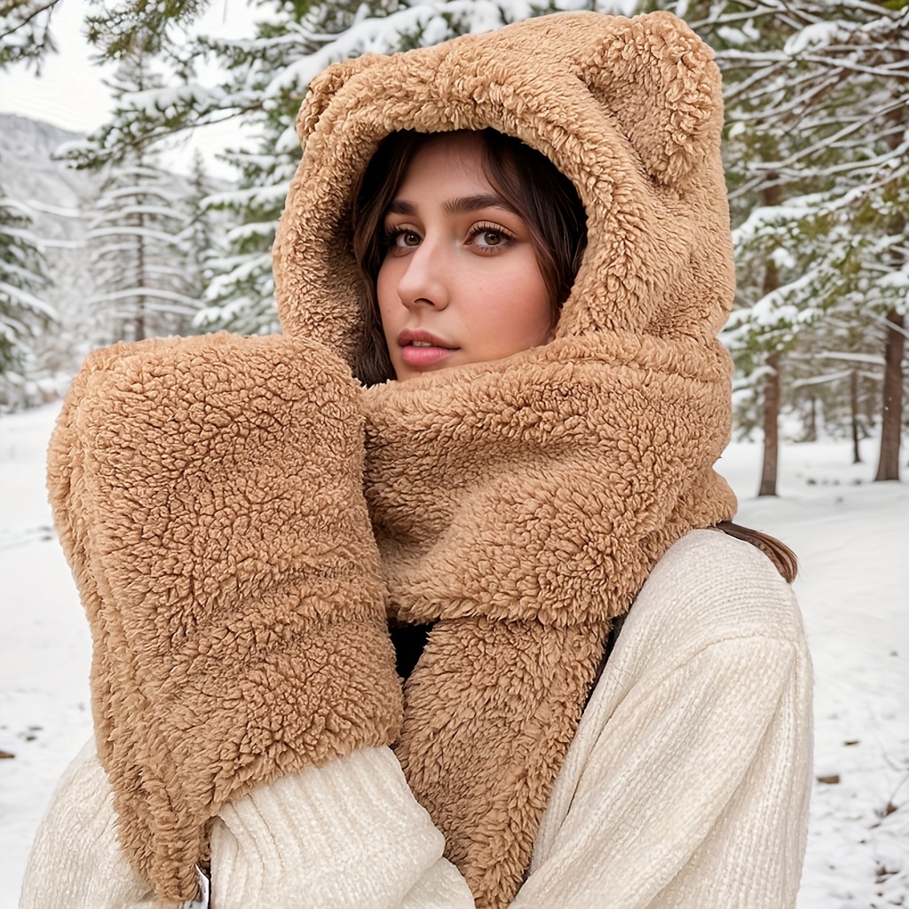 

Cozy 3-in-1 Women's Winter Hat, Scarf & Gloves Set - Cute Bear Ears Design, Plush For Outdoor Cycling