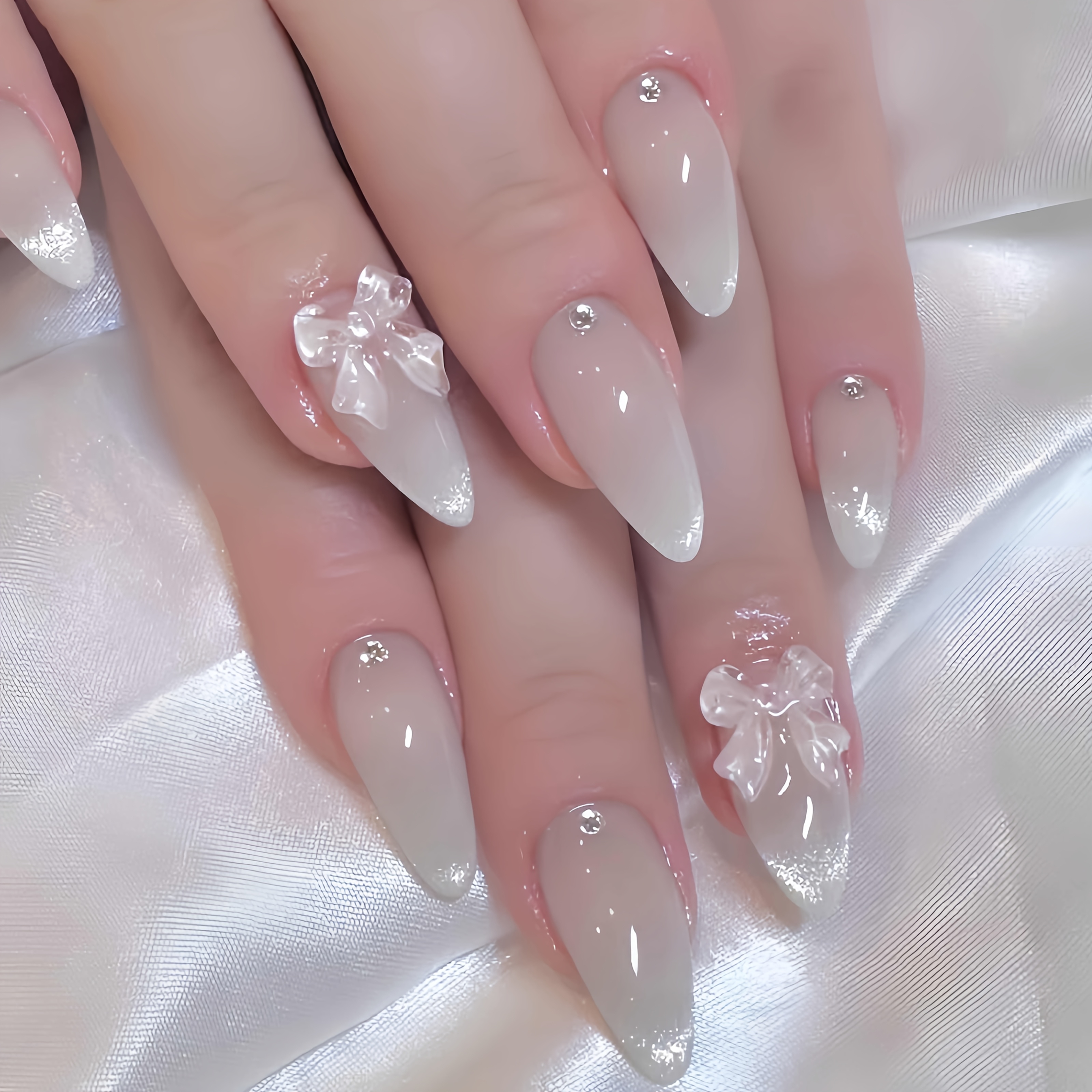 24pcs 3d Bow Rhinestone Decorated Cat Eye Press-on Nails, White Easy And Fashionable Nail Patches, Suitable For Daily Wear