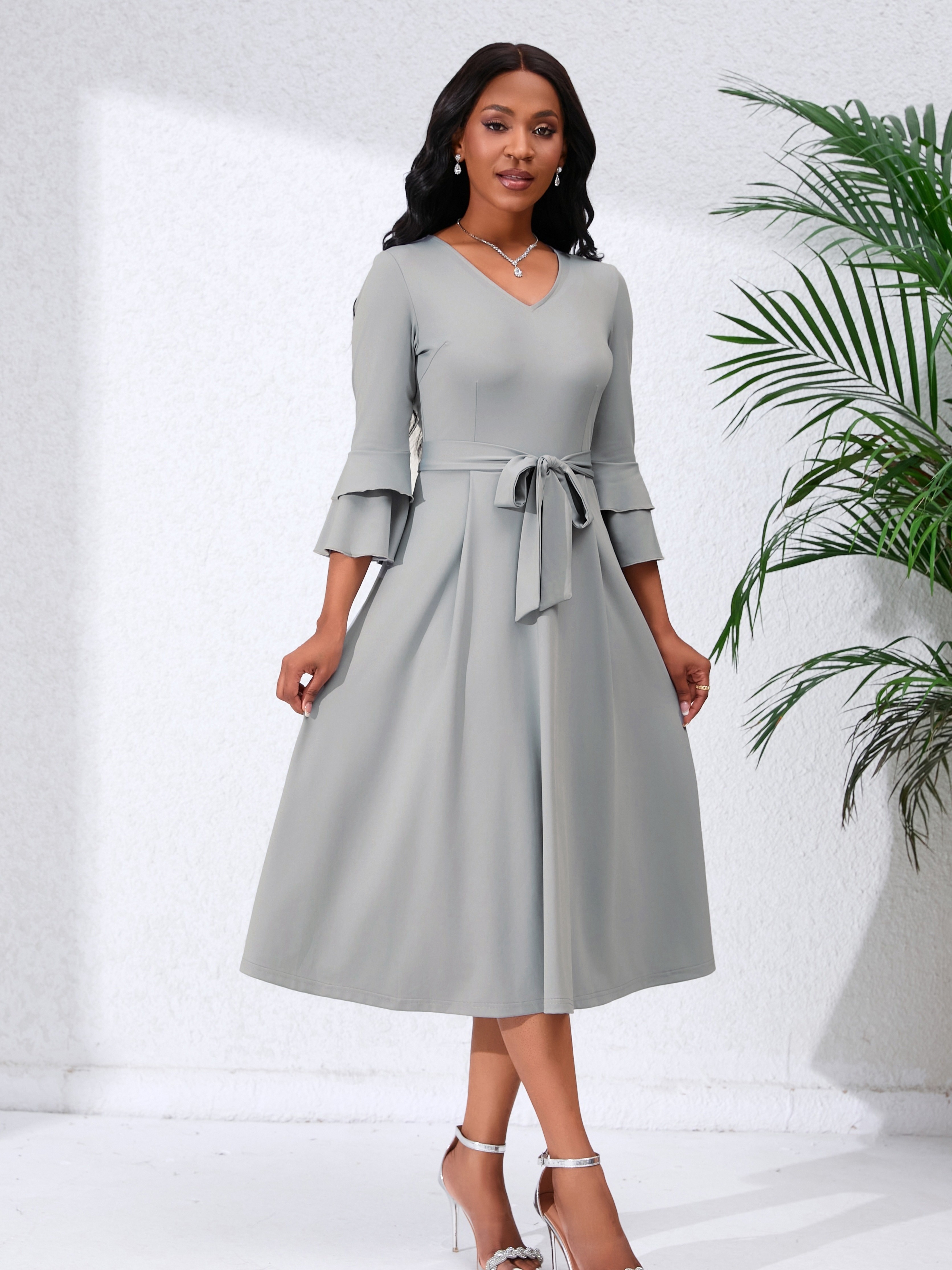 elegant v neck midi dress belt women polyester spandex blend - Temu  Switzerland