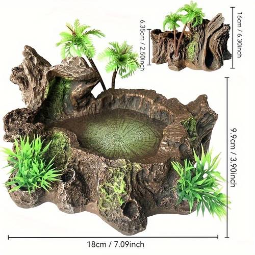 reptile water bowl with artificial plants plastic terrarium dish with basking platform for bearded dragons lizards geckos snakes durable food and water bowl for terrariums